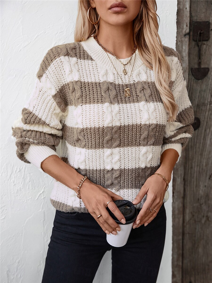 Per donna Felpa Informale Morbido A strisce A coste Girocollo Lavorato a maglia Manica lunga Top regolari Maglia Esterno Giornaliero Fine settimana Nero Caffè Autunno Inverno del 2025 a $44.99 –P6