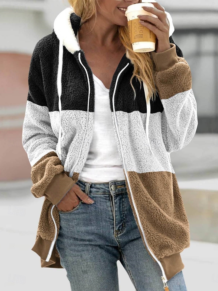 Women's Winter Coat Winter Jacket Fleece Jacket Teddy Coat Outdoor Street Daily Fall Winter Regular Coat Regular Fit Warm Breathable Comtemporary Stylish Jacket Long Sleeve Stripe with Pockets Full 2025 - $24.99 –P3