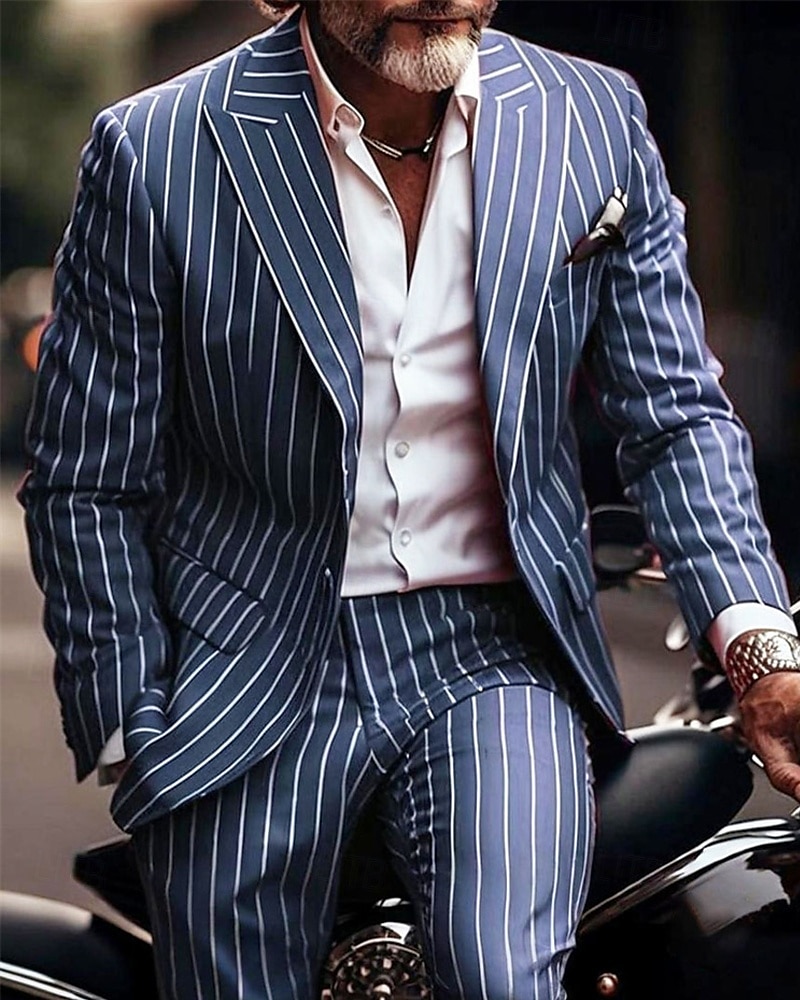 Herre drakter Blazer Virksomhet Cocktailfest Bryllupsfest Mote Fritid Vår & Vinter Polyester Stribe Knapper Lomme Bekvem Enkeltkneppet Blazer Rød Blå Grønn 2025 - $88.99 –P2