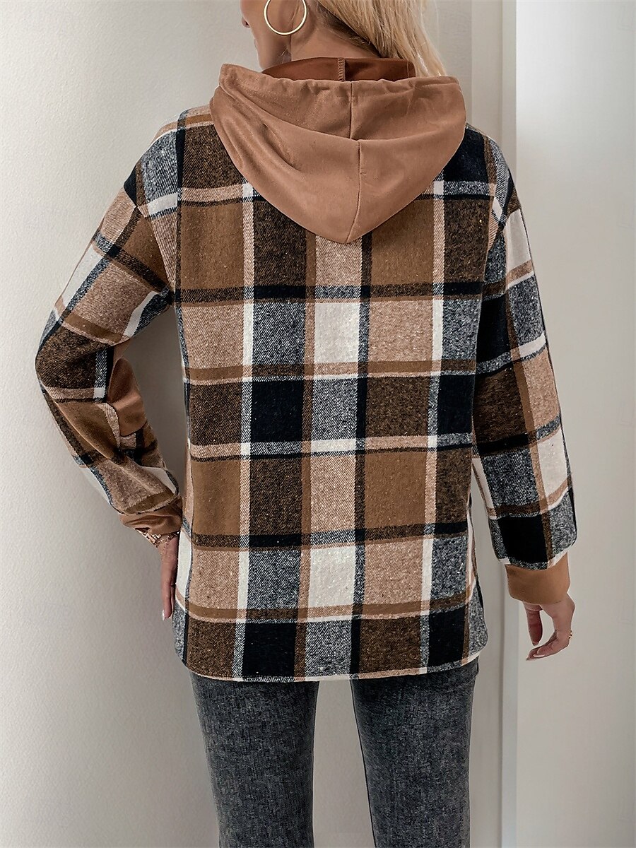 moletom feminino com capuz casual xadrez rua diário moletom com capuz patchwork estampa manga comprida marrom outono inverno de 2025 por $49.99 –P3