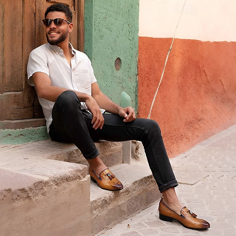 Men's Tan Crocodile Embossed Leather Loafers with Tassel Detail – Premium Cowhide Formal & Casual Dress Shoes 2025 - $109.99 –P1