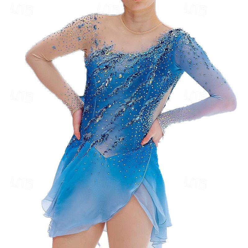 Figure Skating Dress Women's Girls' Ice Skating Dress Sky Blue Patchwork Thumbhole Mesh Spandex Stretchy Training Practice Professional Skating Wear Thermal Warm Crystal / Rhinestone Long Sleeve Ice 2025 - $343.39 –P1