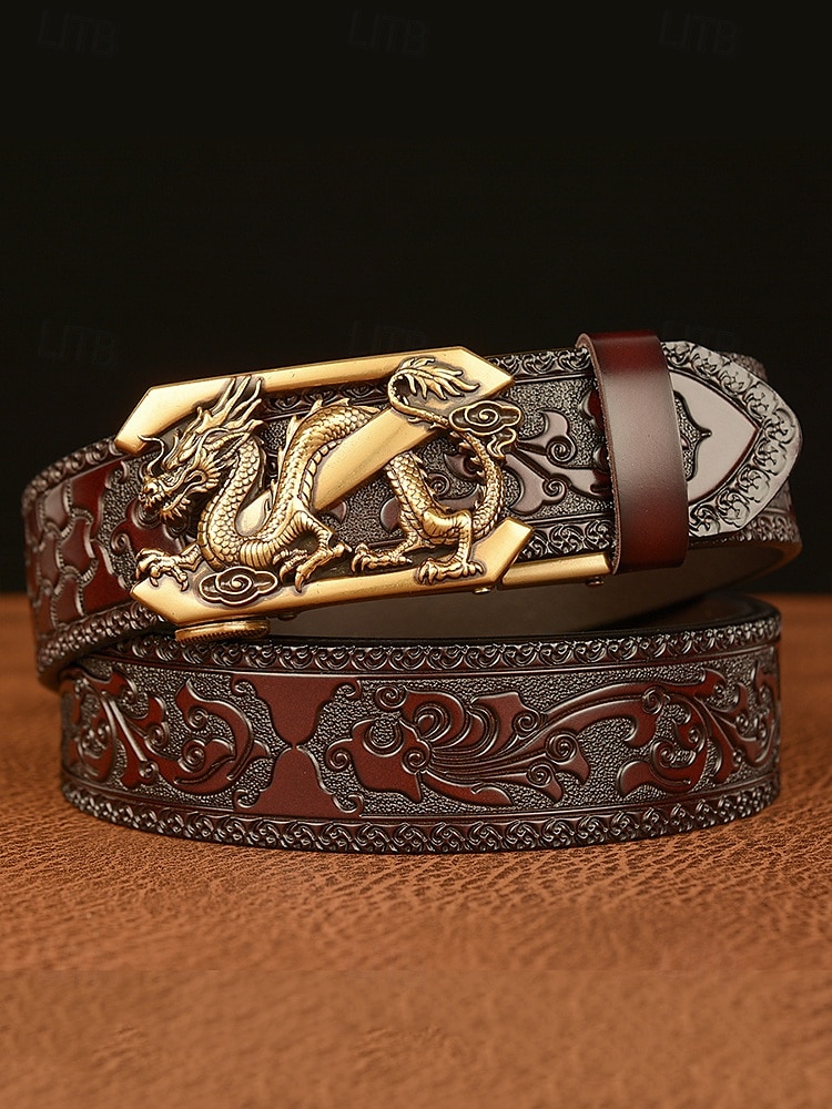 حزام جلدي بني للرجال بتصميم تنين منقوش وإبزيم ذهبي - طراز عتيق، مثالي للارتداء الرسمي وغير الرسمي 2026 - $26.99 –P1