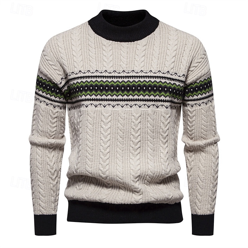 Men's Pullover Sweater Jumper Knit Sweater Fair Isle Pullover Sweater Ribbed Cable Knit Regular Knitted Color Block Crew Neck Fashion Basic Daily Wear Date Clothing Apparel Fall & Winter Black White 2025 - $42.99 –P7