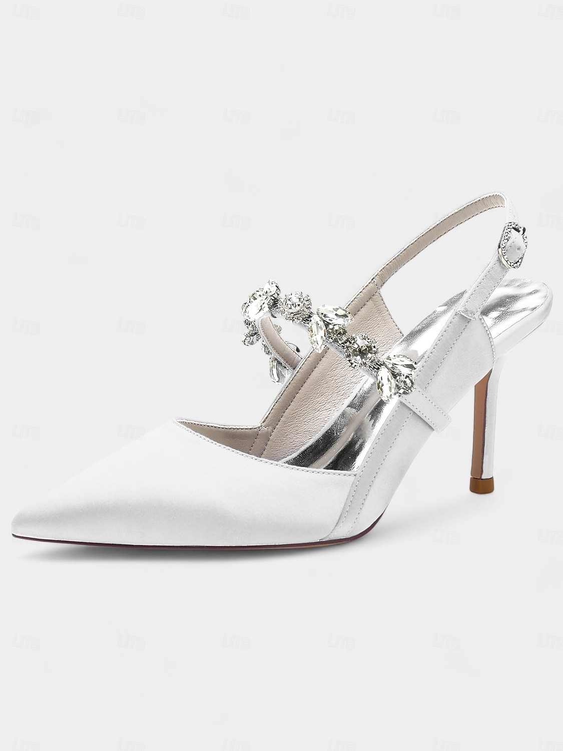 scarpe col tacco da donna in raso bianco con cinturino posteriore e decorazioni in strass – eleganti scarpe a punta per matrimoni e occasioni formali del 2025 a $64.99 –P4