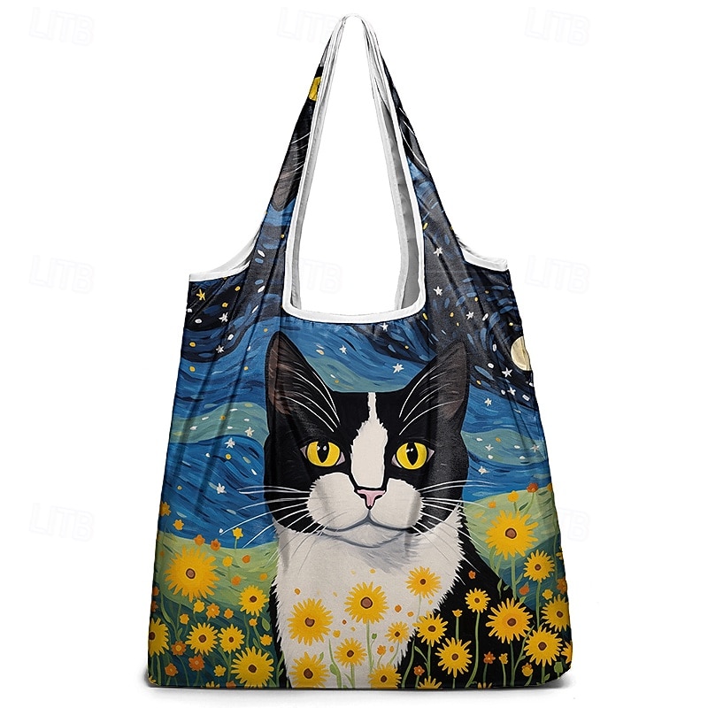 konstnärlig kattväska för kvinnor med blommig och stjärnklar nattdesign - miljövänlig återanvändbar shoppingväska för kattälskare 2025 - $14.99 –P11