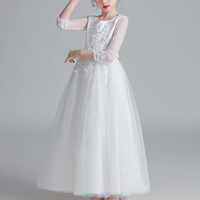 Blumenmädchenkleid Kinder Mädchen Prinzessinenkleid Leistung Hochzeit Party Elegant Schön Gitter Feste Farbe Langarm Rundhalsausschnitt Weinrot Weiß 4 Jahre + 2025 - $43.99 –P4