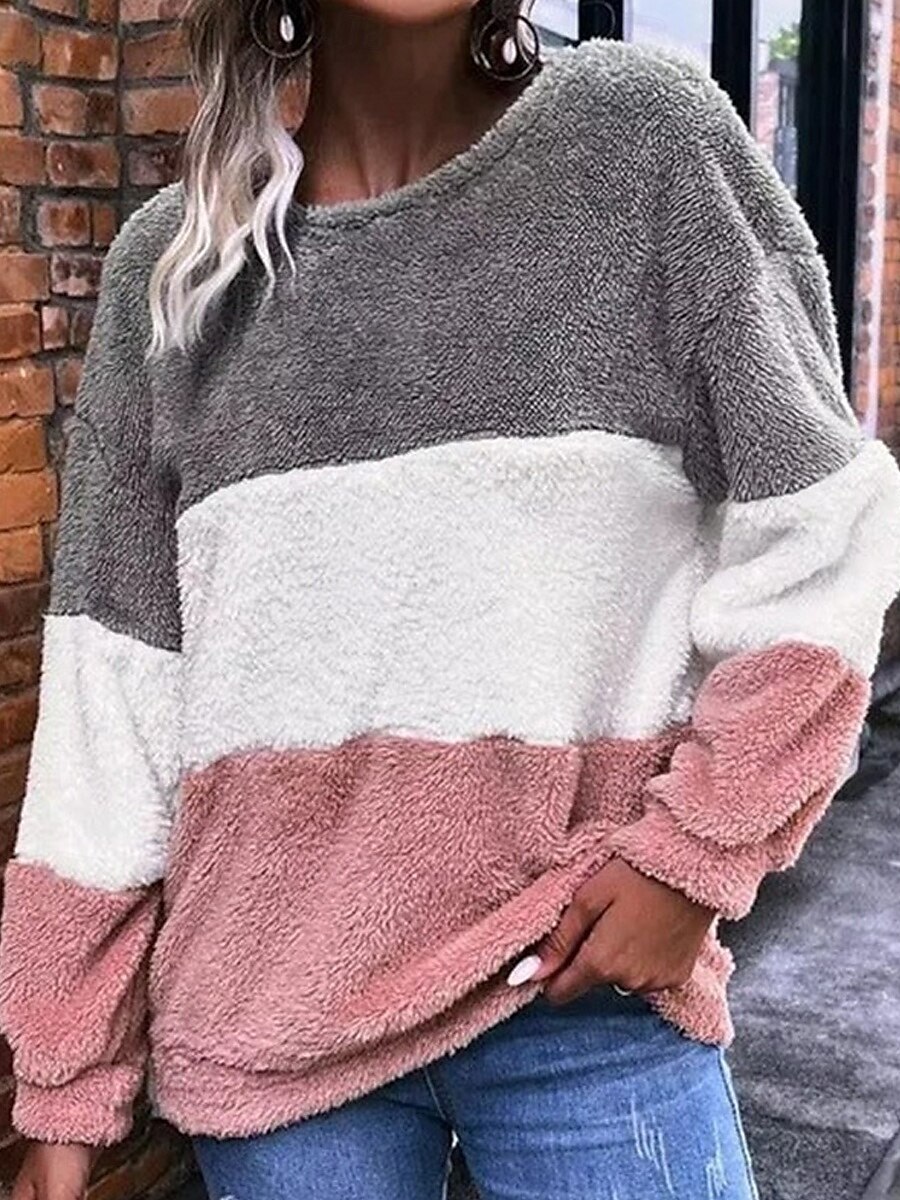 női pulóver alkalmi színes blokk utcai mindennapi ruha legénységi nyak patchwork hosszú ujjú rózsaszín ősz tél 2025 - $19.99 –P1