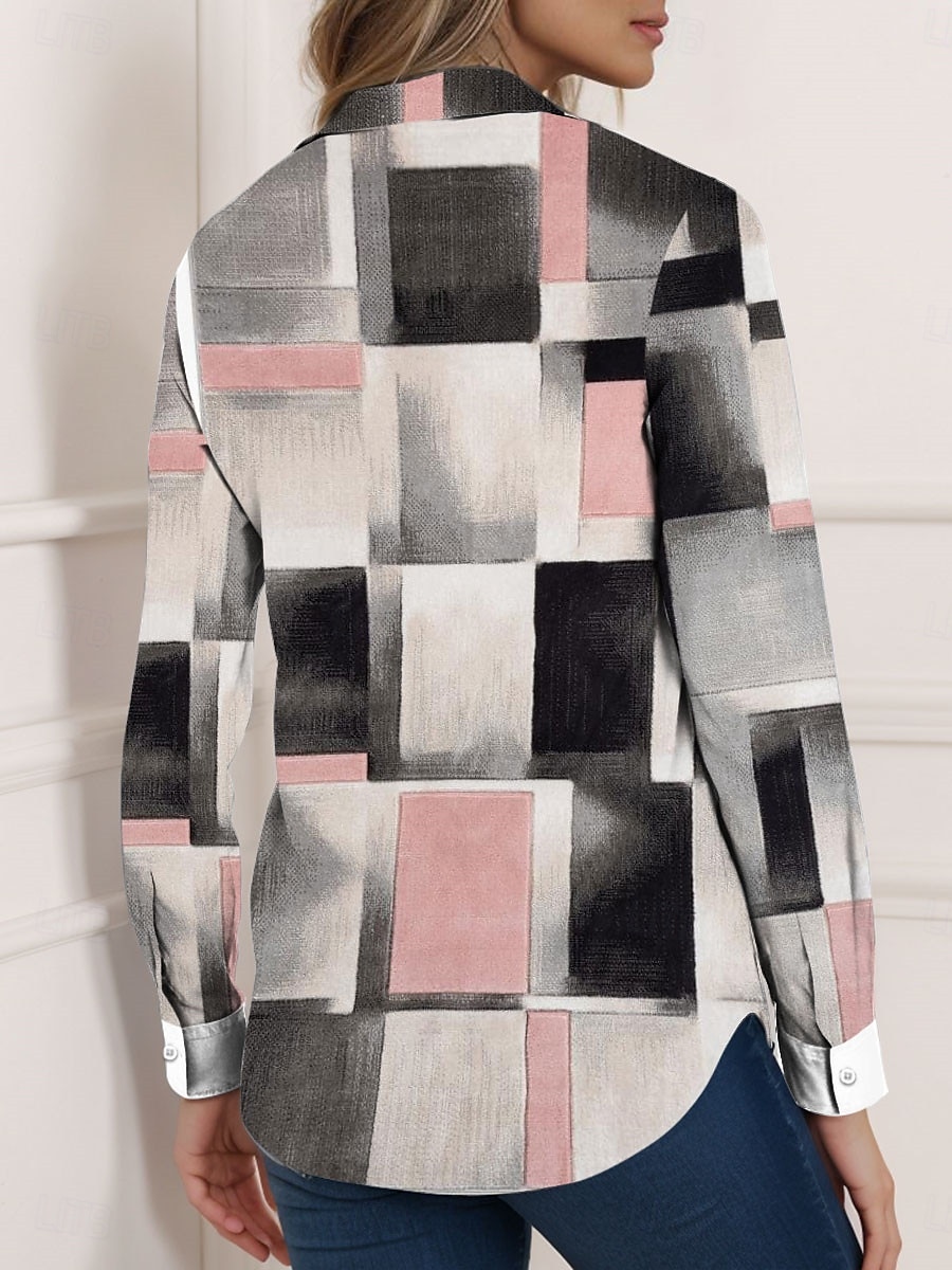 Dames Overhemd Ruitjes Casual Lange mouw Overhemdkraag Normale tops Werk Dagelijks Knop Afdrukken Grijs Lente Herfst Winter 2025 - $32.99 –P3
