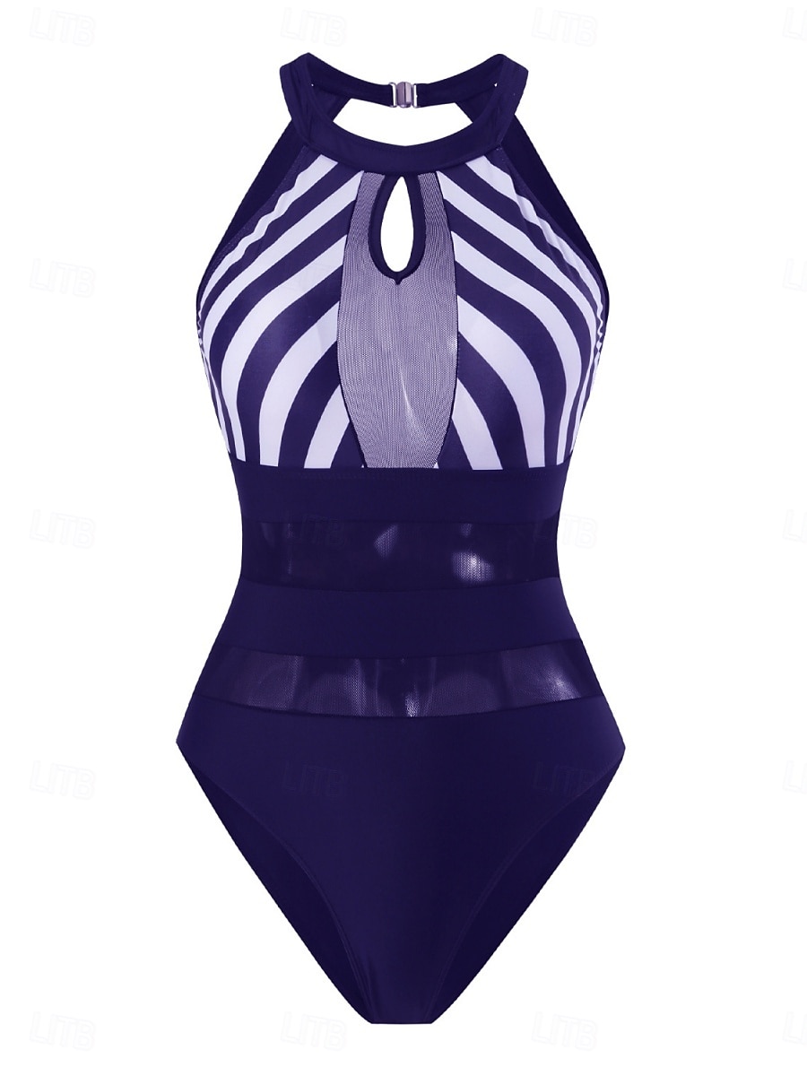 Damen Badeanzug Ein Stück Monokini Bademode Gitter Rückenfrei Bauchkontrolle Hohe Taillenlinie Schlank Urlaub Strandbekleidung Streifen Halfterhals Ärmellos Badeanzüge 2025 - $26.99 –P2