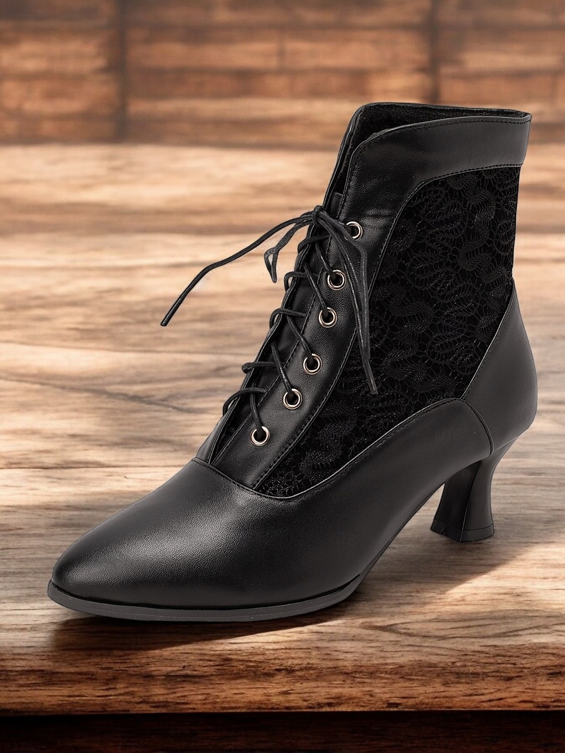 stivaletti allacciati in stile vittoriano nero da donna con pannello in pizzo e tacchi a gattino - elegante stile vintage per occasioni formali e casual del 2025 a $46.99 –P4