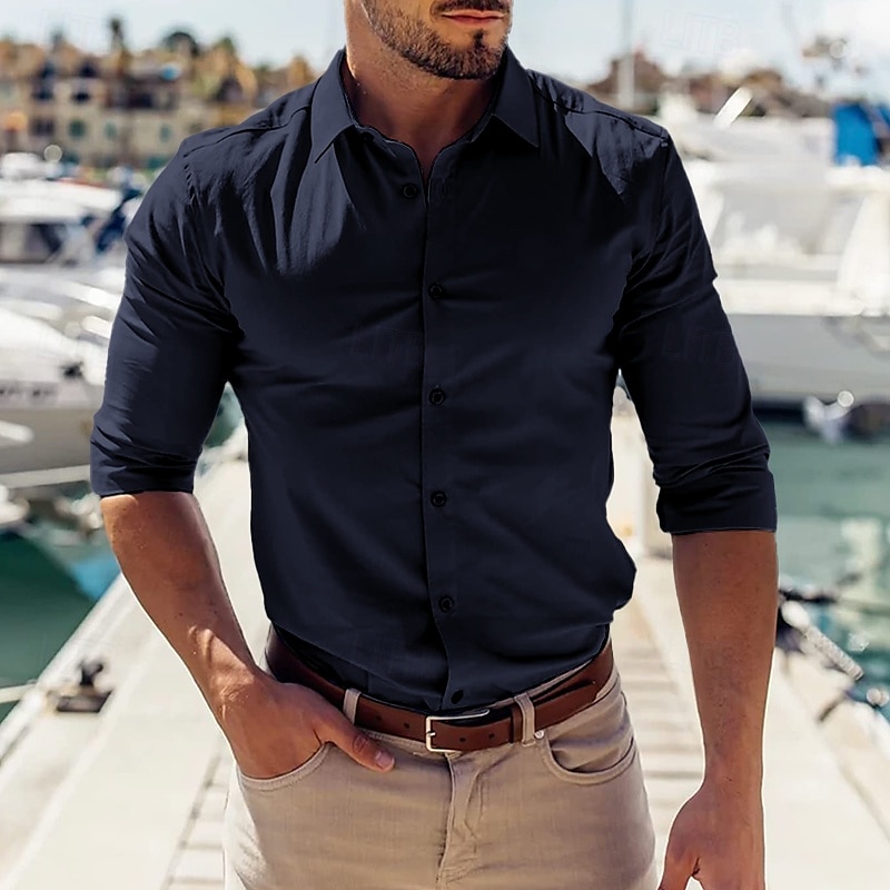 Men's Shirt Dress Shirt Plain Wedding Business Black White Dark Navy Blue Long Sleeve Collar Summer Clothing Apparel 2025 - $26.99 –P4