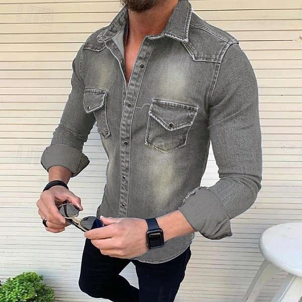 Hombre Camisa vaquera Color sólido Diario Viaje Azul Piscina Negro Azul claro Manga Larga Cuello Primavera & Otoño Ropa Abotonar 2026 - $43.99 –P5