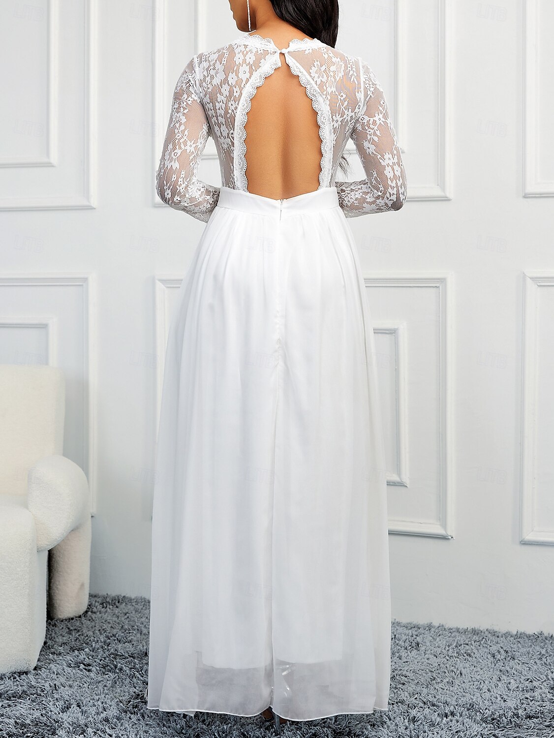 Esküvői ruhák A-vonal V nyakú hosszú ujjú földig érő chiffon menyasszonyi ruhák applikációkkal 2025 - $97.99 –P4