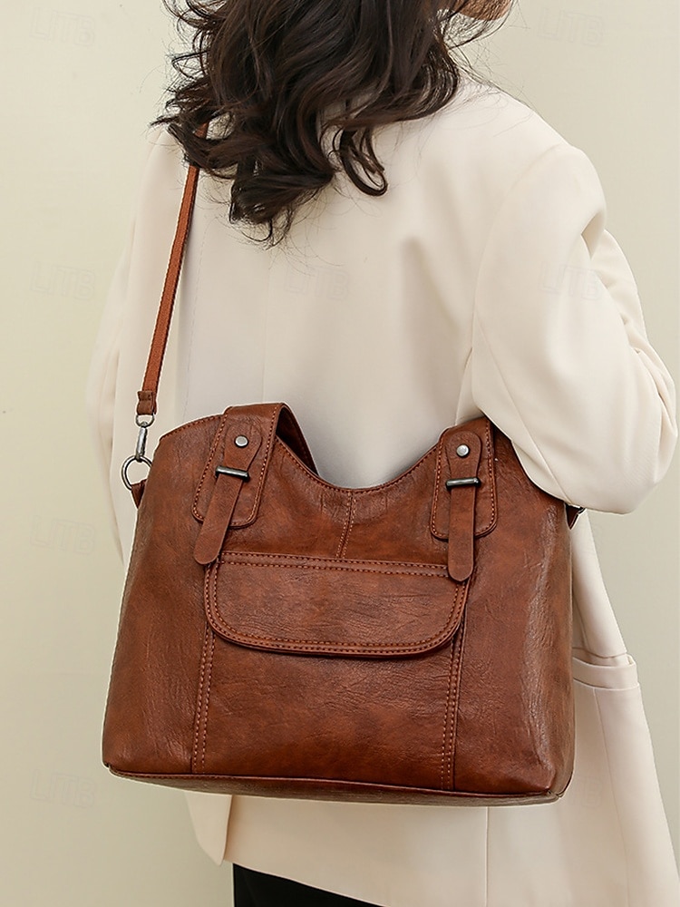 vintage brun konstläderväska för kvinnor med dubbla handtag och justerbar crossbody-rem – rymlig och elegant för dagligt bruk 2025 - $29.99 –P3