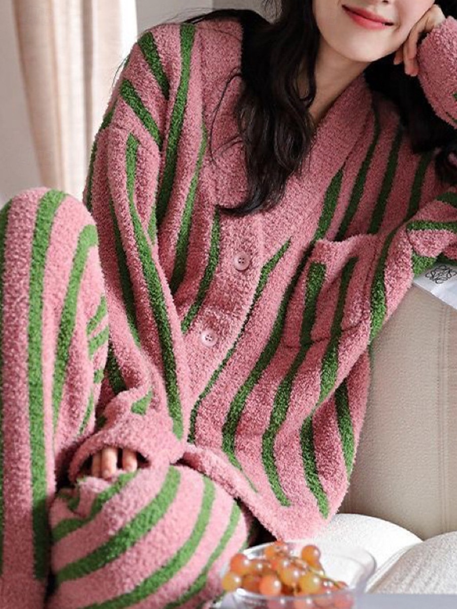 Women's Pajamas 2 Pieces Graphic Warm Fashion Home Sherpa Warm V Neck Long Sleeve Cardigan Pant Fall Winter Home Outfits 2025 - $66.99 –P1