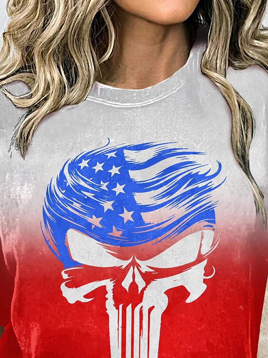 Women's T Shirt Ombre Skull Casual Short Sleeve Round Neck Regular Tops Daily Print Red Summer 2025 - $19.99 –P3