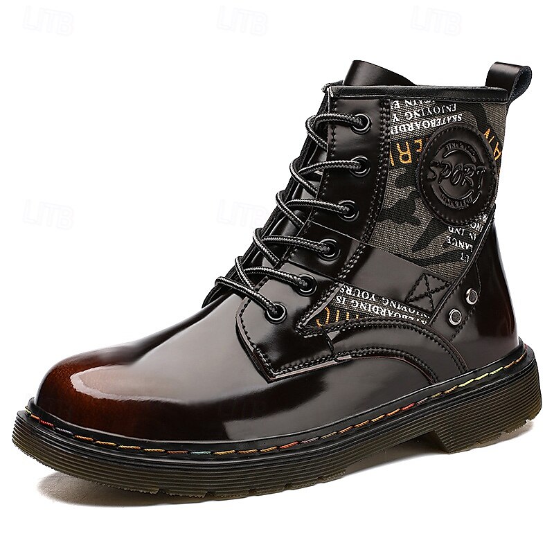 Botas de combate de piel sintética patentada para hombre: diseño con cordones de estilo militar con detalles de camuflaje, suela resistente para uso al aire libre y casual 2025 - $69.99 –P1