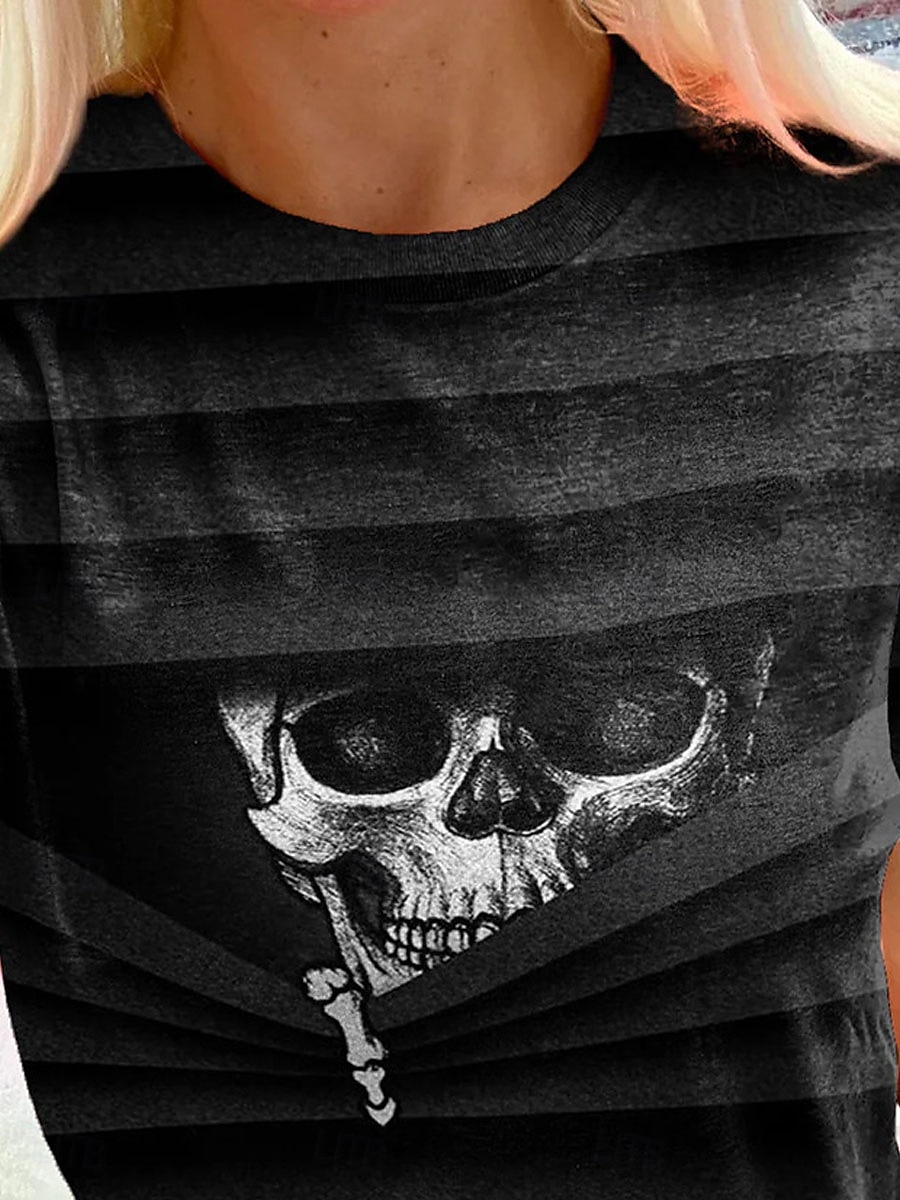 Women's T Shirt Skull Casual Short Sleeve Round Neck Regular Tops Halloween Daily Print Black Summer 2025 - $19.99 –P2