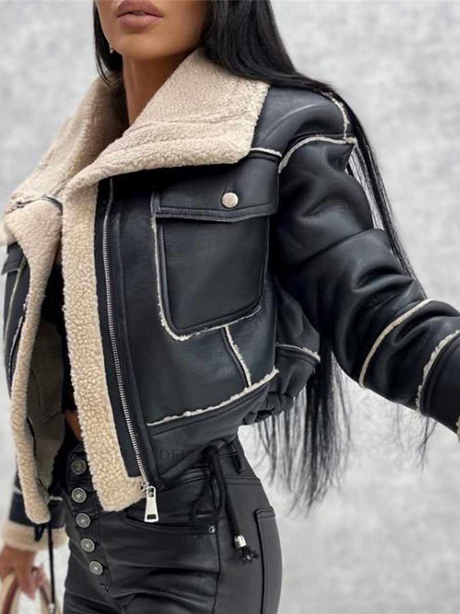 Dam Imitationsläderjacka Fleece-jacka Teddyrock Håller värmen Andningsfunktion Dragkedja Ficka Fleecefodrad Ledigt Slät Semester Gata Dagliga kläder Utekväll Dragkedja Kort Nedvikt Normal Långärmad 2025 - $45.99 –P3