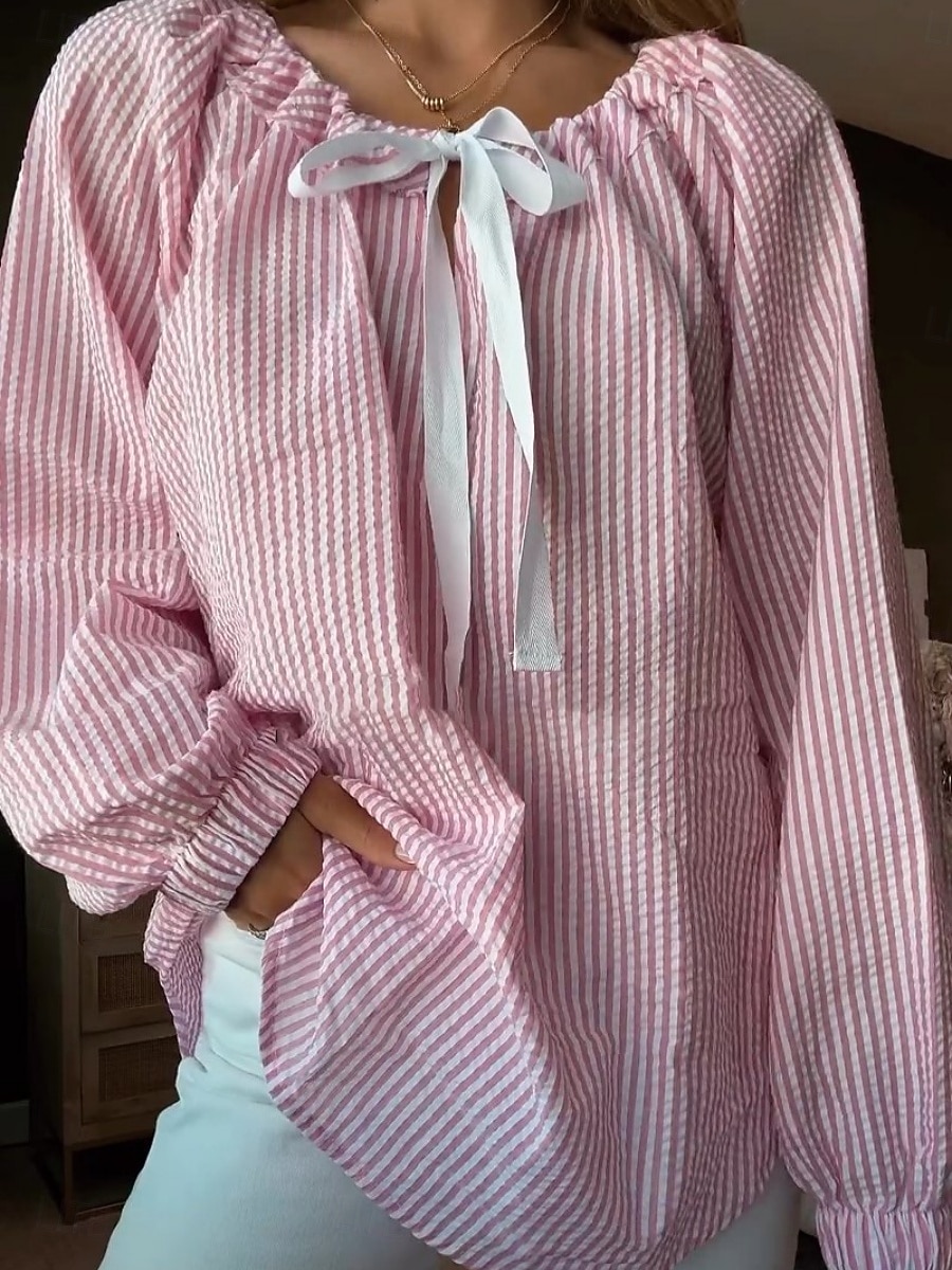 Damen Hemd Bluse Druck Gestreift Basic Lässig Langarm Rundhalsausschnitt Normale Oberteile Täglich Rosa Khaki Leicht Blau Frühling & Herbst 2026 - $32.99 –P1