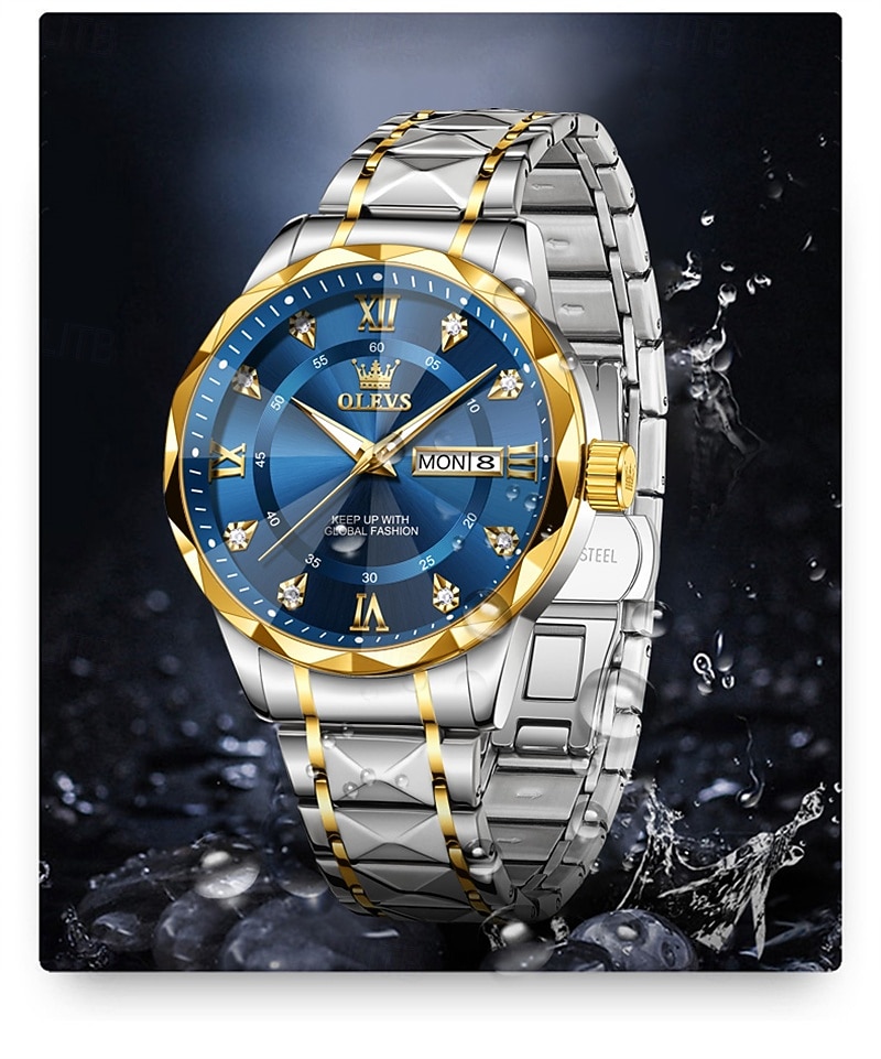 New Olevs Brand Men'S Luminous Commercial Business Steel Belt Watch Calendar Week Display Fashion Trend Waterproof Simple Leisure Quartz Watch Diamond-Shaped Mirror Sports Watch 2026 - $38.99 –P4