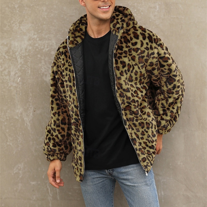 Herren Winterjacke Fleecejacke Mantel aus Kunstpelz Täglich Urlaub warm Tasche Vlies Herbst Winter Leopard-Druck Modisch Strassenmode Mit Kapuze Standard Gelb Blau Grün Jacken 2026 - $57.99 –P14