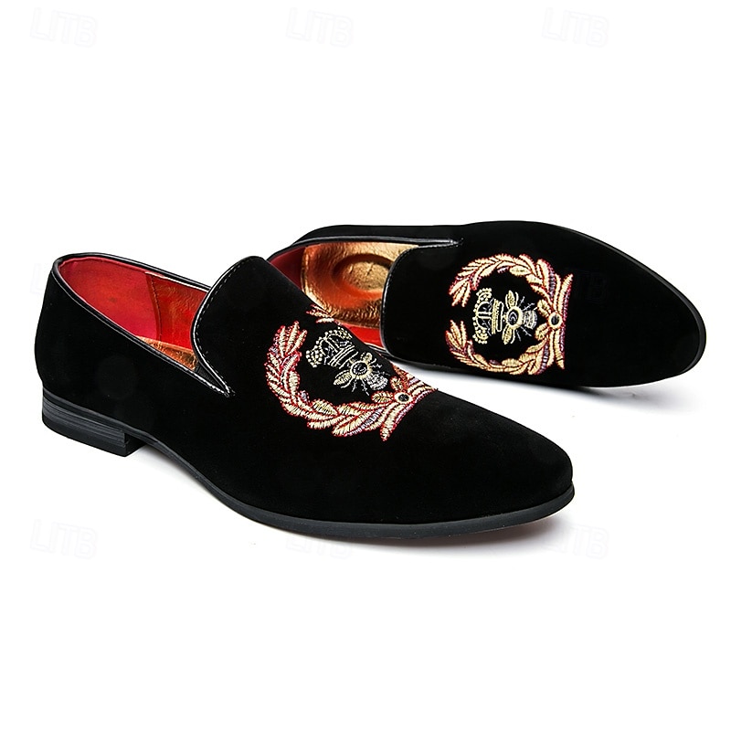 pánské černé sametové vyšívané mokasíny s královským designem koruny – luxusní slip-on společenské boty na formální události a večírky 2025 - $54.99 –P4