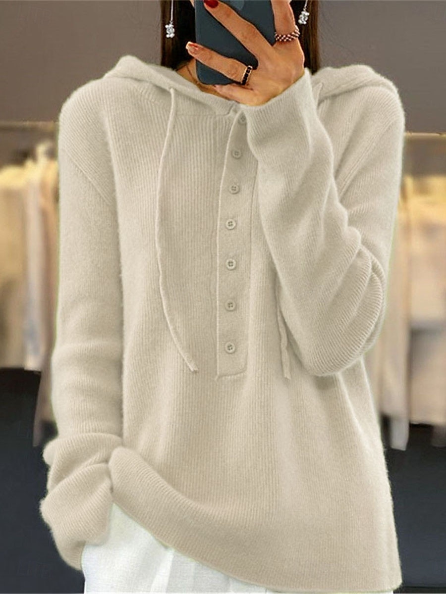 Women's Sweater Casual Soft Pure Color Ribbed Hooded Buttons Knitted Long Sleeve Regular Tops Knit Outdoor Daily Weekend Pink Brown Fall Winter 2025 - $38.99 –P1