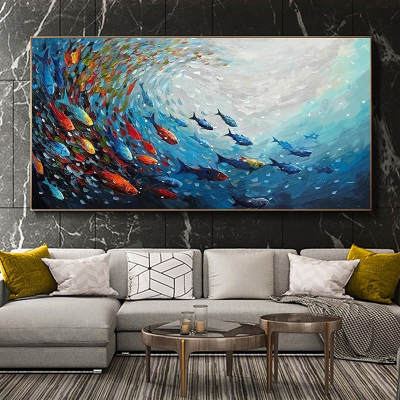 Pintura en lienzo de peces marinos azules abstractos hecha a mano, arte nórdico, grafiti, tamaño grande, decoración moderna para sala de estar, imagen sin marco 2026 - $131.99 –P5
