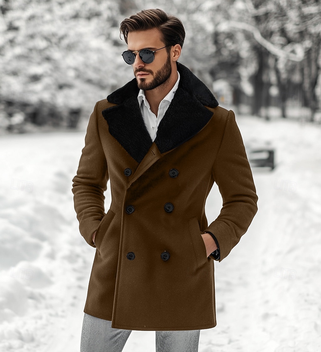 Herre Vinterjakke Ull frakk Frakk Jul utendørs Pelskanter Knapper Vinter Helfarge Jul Elegant Brettelig Krage Normal Svart Brun Jakker 2025 - $61.99 -P4