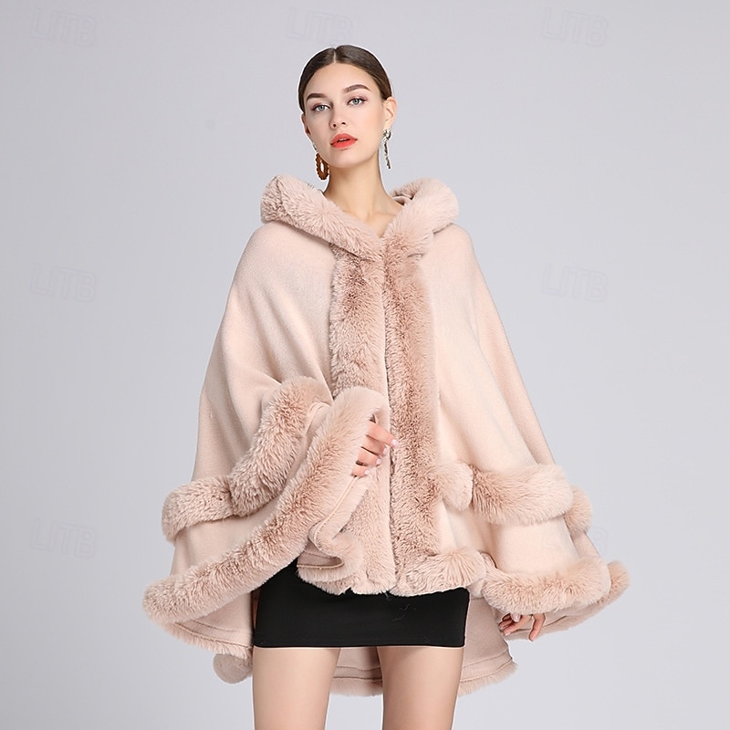 mulheres com capuz poncho capa xale de pele sintética envoltório com acabamento de pele cardigan sem mangas elegante capa moda tops casaco de 2025 por $93.99 –P2
