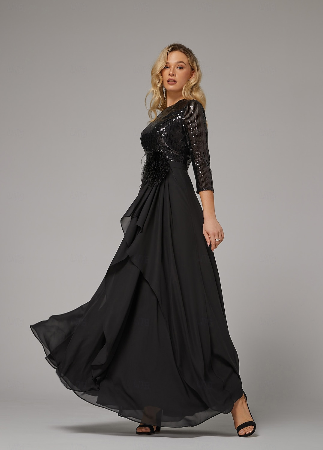 A-Linie Abendkleid elegantes Kleid formell asymmetrisch Langarm Stehkragen Chiffon mit Federn Perlen Pailletten 2025 2025 - $171.99 –P2