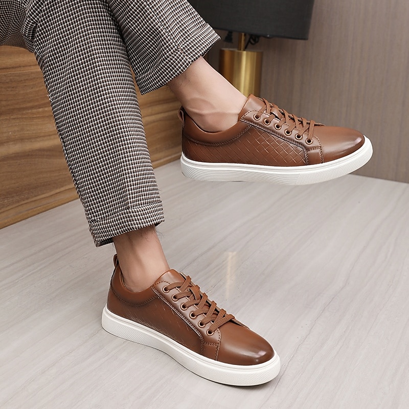 sneakers da uomo in similpelle intrecciata marrone - design casual con lacci e comoda suola bianca per l'uso quotidiano del 2025 a $46.99 –P4