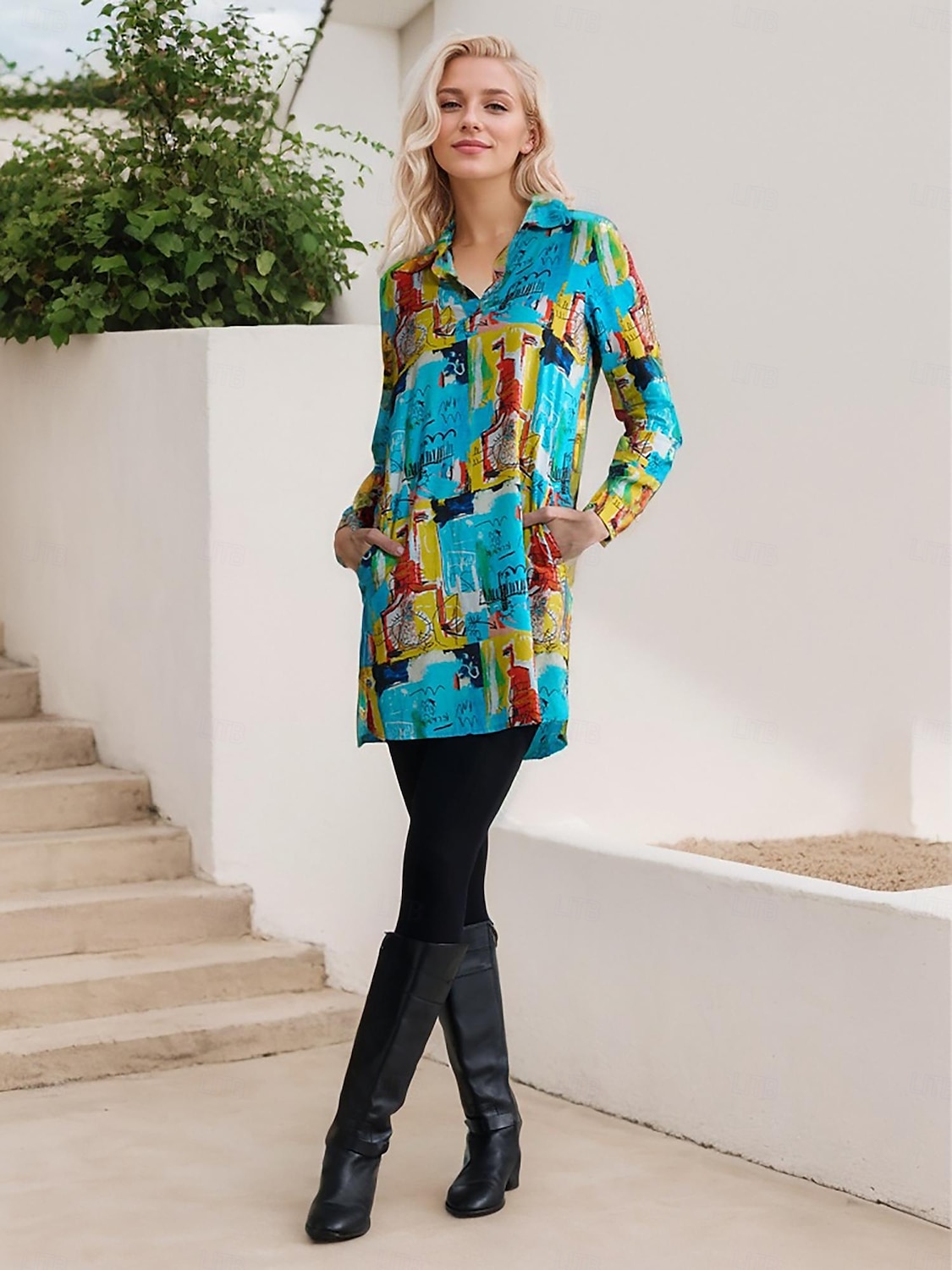 vestido mini camisa rayon graffiti com punho e lapela de 2025 por $49.99 –P4