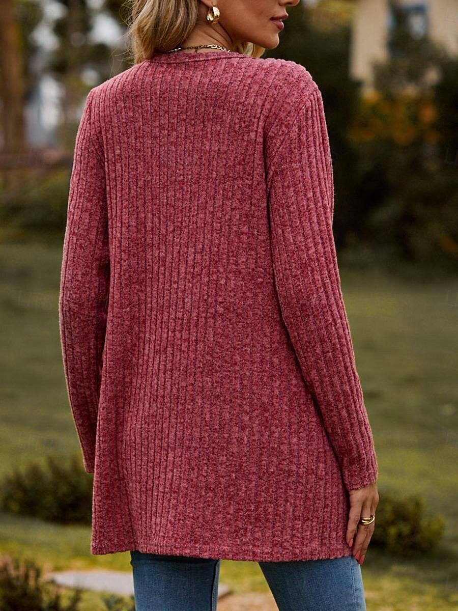 Damen Strukturjacke Strickjacke lässig einfarbig schlicht gerippt asymmetrisch V-Ausschnitt Tasche Knöpfe gedreht Langarm Normal Tops Strick Alltag Wein Armeegrün Frühling Herbst 2025 - $31.99 –P3