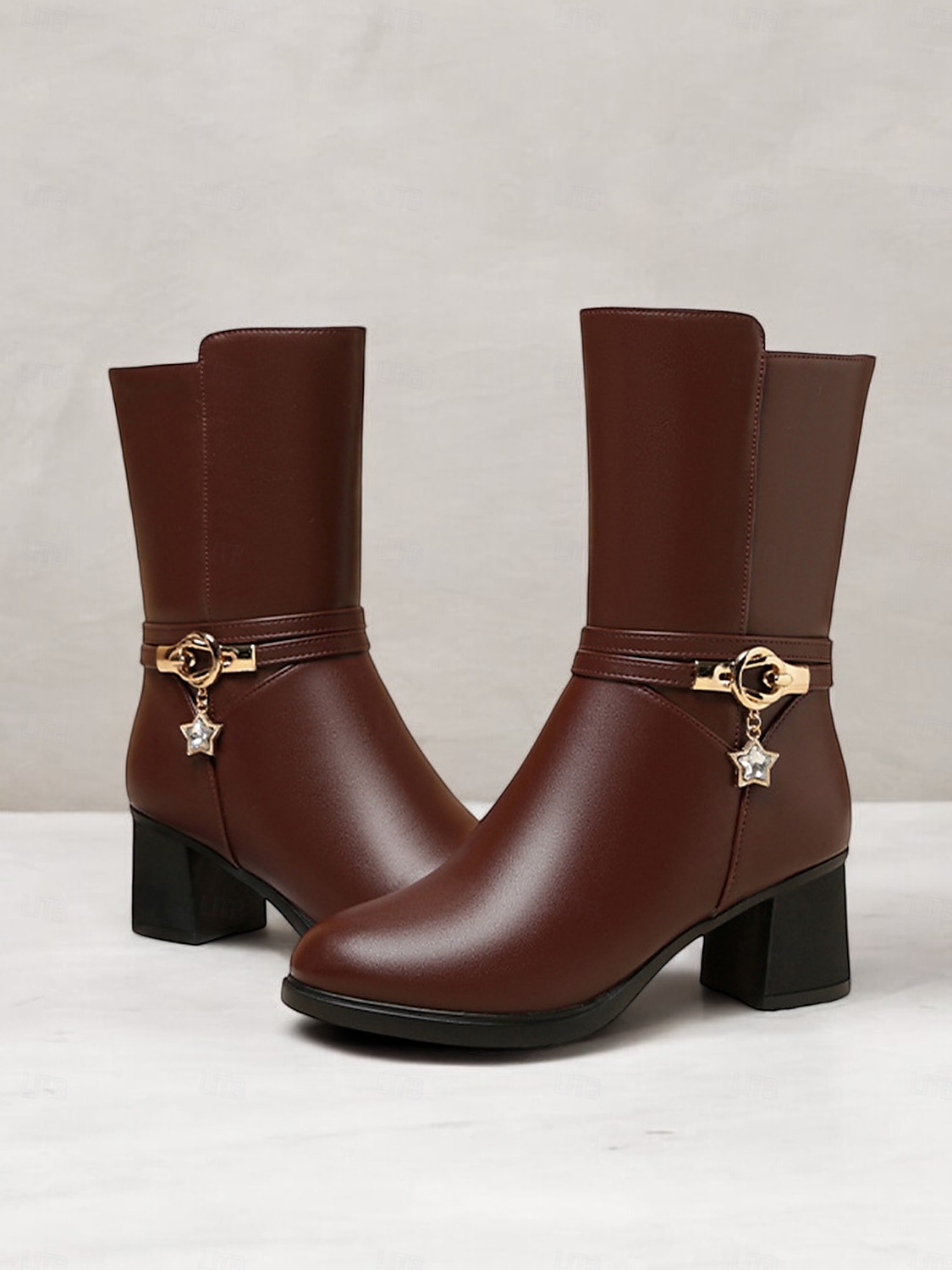 Schwarze Winterstiefeletten aus Kunstleder mit Fellfutter für Damen mit Blockabsatz und Sternenanhänger – elegantes und warmes Schuhwerk für kaltes Wetter 2025 - $54.99 –P3