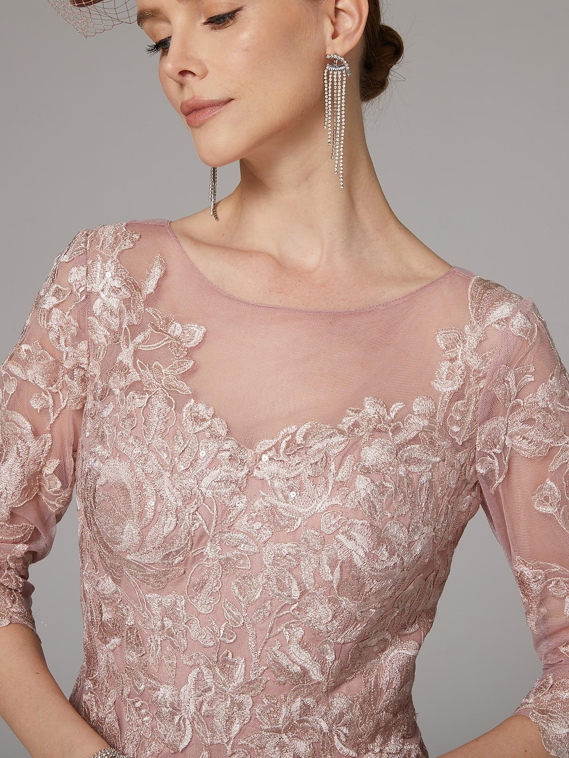 Linea ad A Abito Lunghezza al pavimento Abito da invitata a nozze Abito Formale Abito da sera Abito da cerimonia per signora Manica 3/4 Collo gioiello Elegante Ricevimento di matrimonio Pizzo con del 2026 a $264.49 –P9