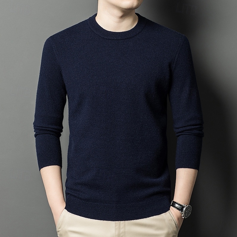 Herr Ulltröja Pullover tröja Sticka Ensfärgat Rund hals Stickat Elegant Skola Träning Kläder Höst Vinter Svart Vit S M L 2025 - $36.99 –P5