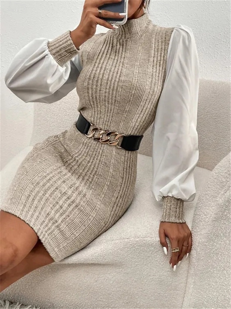 Damen Casual kleid Minikleid Patchwork Brautkleider schlicht Ständer Langarm Braun Beige Farbe 2026 - $33.99 –P2