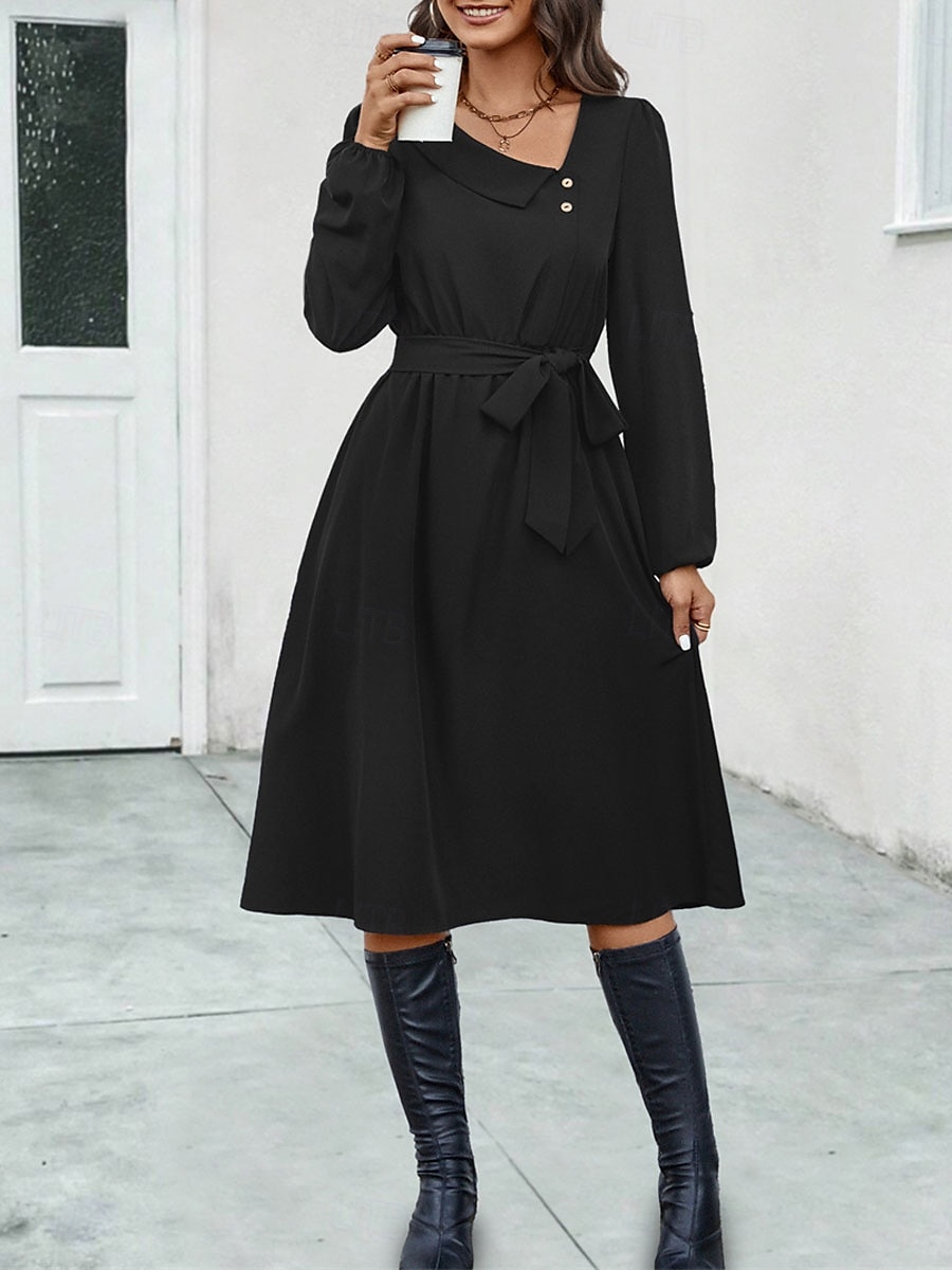 Women's Casual Dress Midi Dress Buttons Belted Casual V Neck Long Sleeve Black Color 2025 - $35.99 –P6