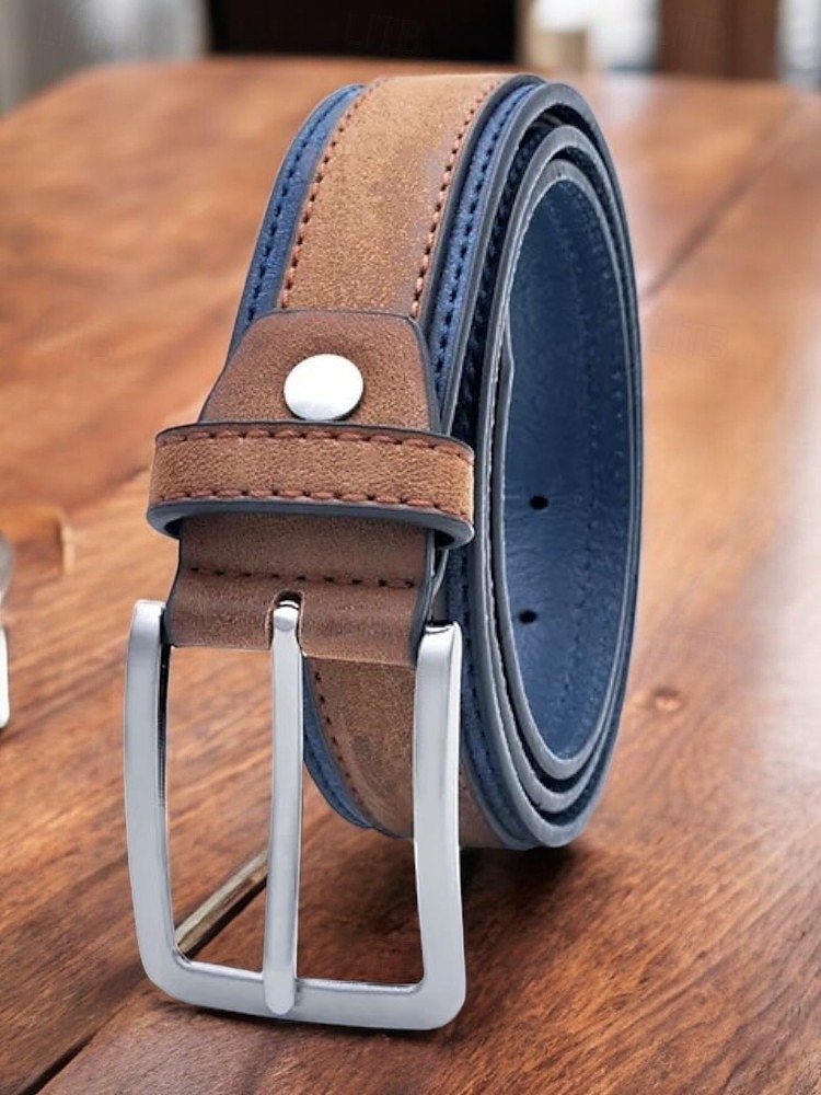 tvåfärgade mäns bälte i konstläder | snygg brun och blå design med metallspänne för vardags- och högtidskläder 2026 - $14.99 –P1