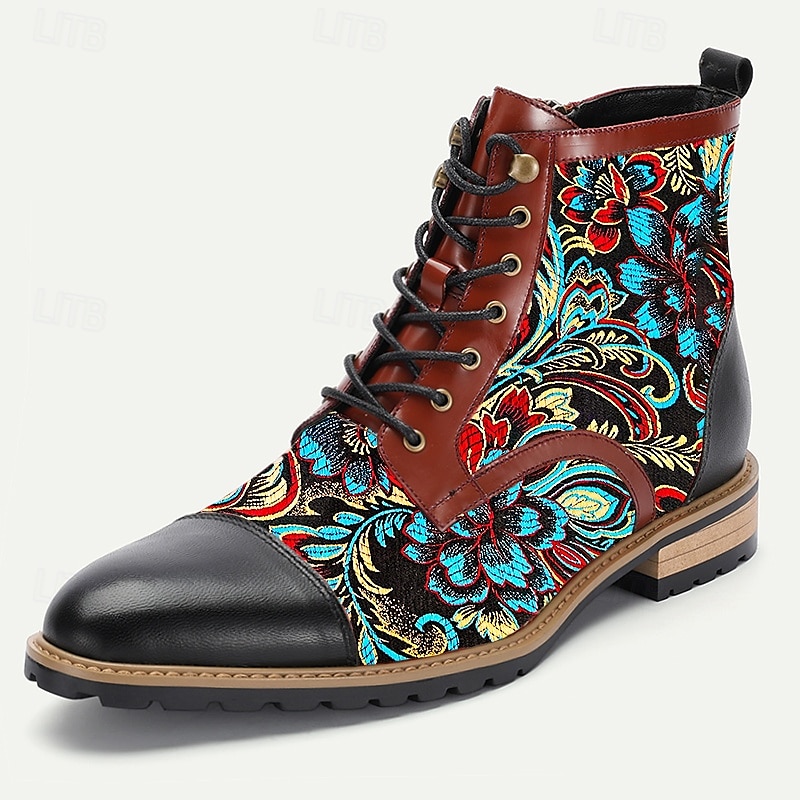 Men's Premium Cowhide Leather Lace-Up Boots with Floral Jacquard Design and Cap Toe - Stylish and Durable Ankle Boots for Casual and Formal Occasions 2025 - $109.99 –P3