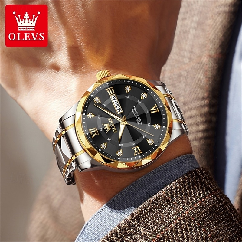 New Olevs Brand Men'S Luminous Commercial Business Steel Belt Watch Calendar Week Display Fashion Trend Waterproof Simple Leisure Quartz Watch Diamond-Shaped Mirror Sports Watch 2026 - $38.99 –P14