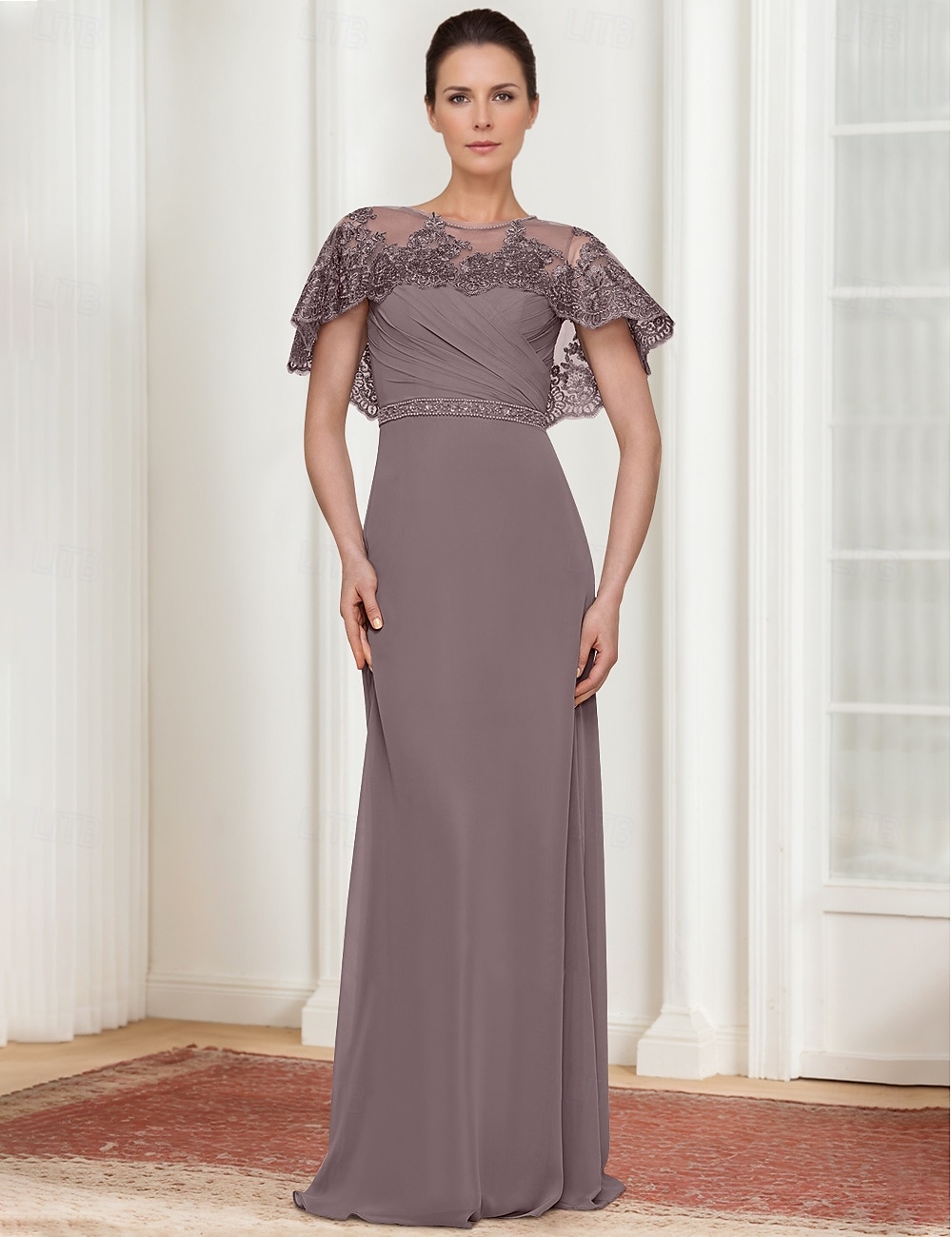 Abito A-line madre della sposa elegante semplice scollatura a gioiello lungo fino al pavimento chiffon maniche corte con strati in pizzo di colore solido del 2025 a $169.99 –P1