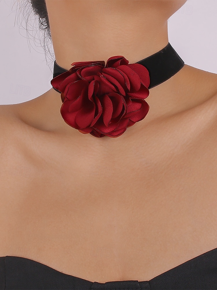 női elegáns fekete bársony choker nyaklánc bordó rózsa virág medállal – látványos virágos nyaklánc estére és különleges alkalmakra 2025 - $9.99 –P3
