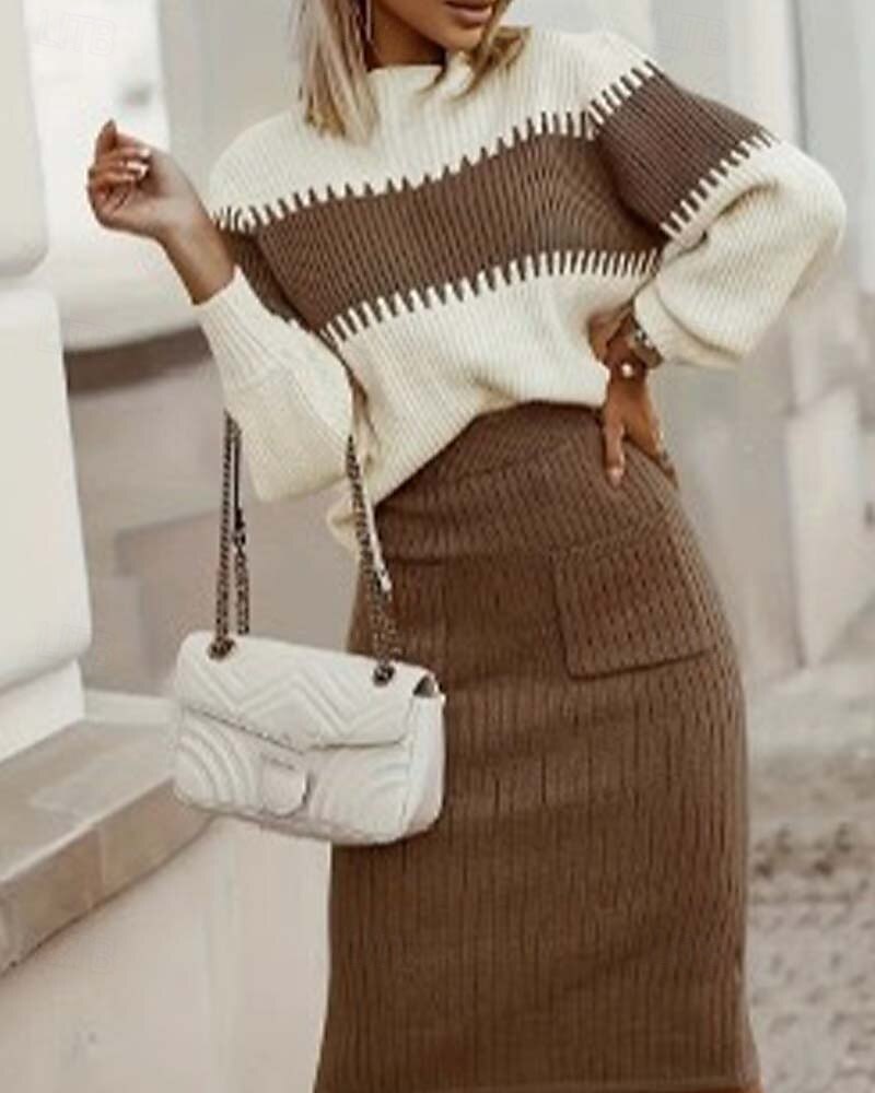 Damen Pullover-Koords Elegant Modisch Täglich Farbblock Gerippt Rundhalsausschnitt Vordertasche Langarm Normale Oberteile Stricken Arbeit Schwarz Rosa Herbst Winter 2025 - $52.99 –P7