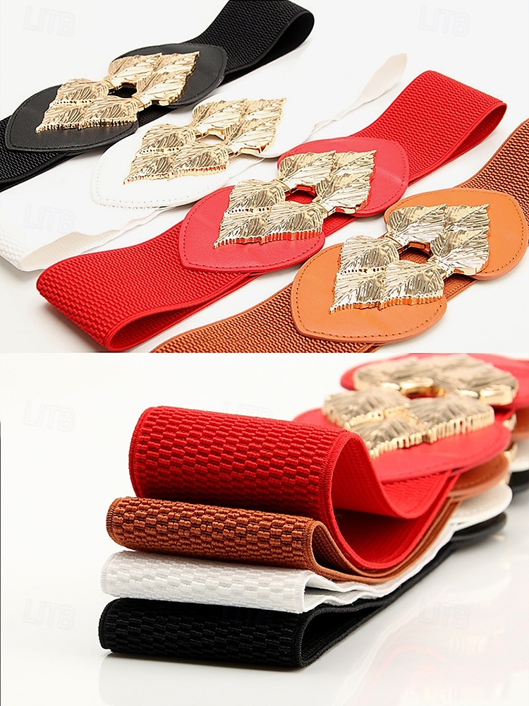 Women's Chic Black Elastic Waist Belt with Gold Leaf Buckle – Stylish Accessory for Dresses and Formal Outfits 2025 - $11.99 –P4