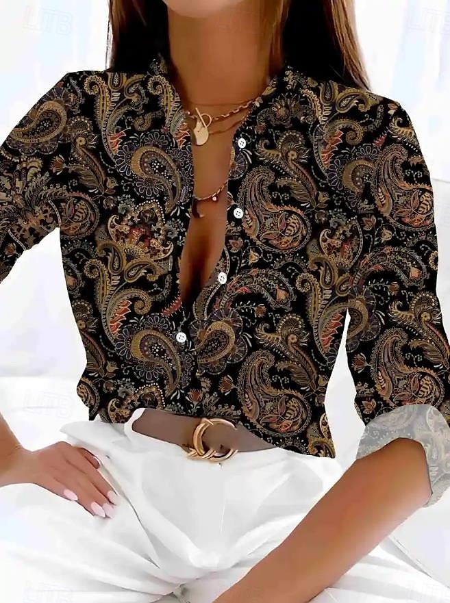 Femmes Chemise Fleuri Graphique Occasionnel manche longue Col de chemise Hauts Réguliers Travail Quotidien Boutons Imprimé Marron Printemps Automne Hiver de 2025 ? $32.99 –P1