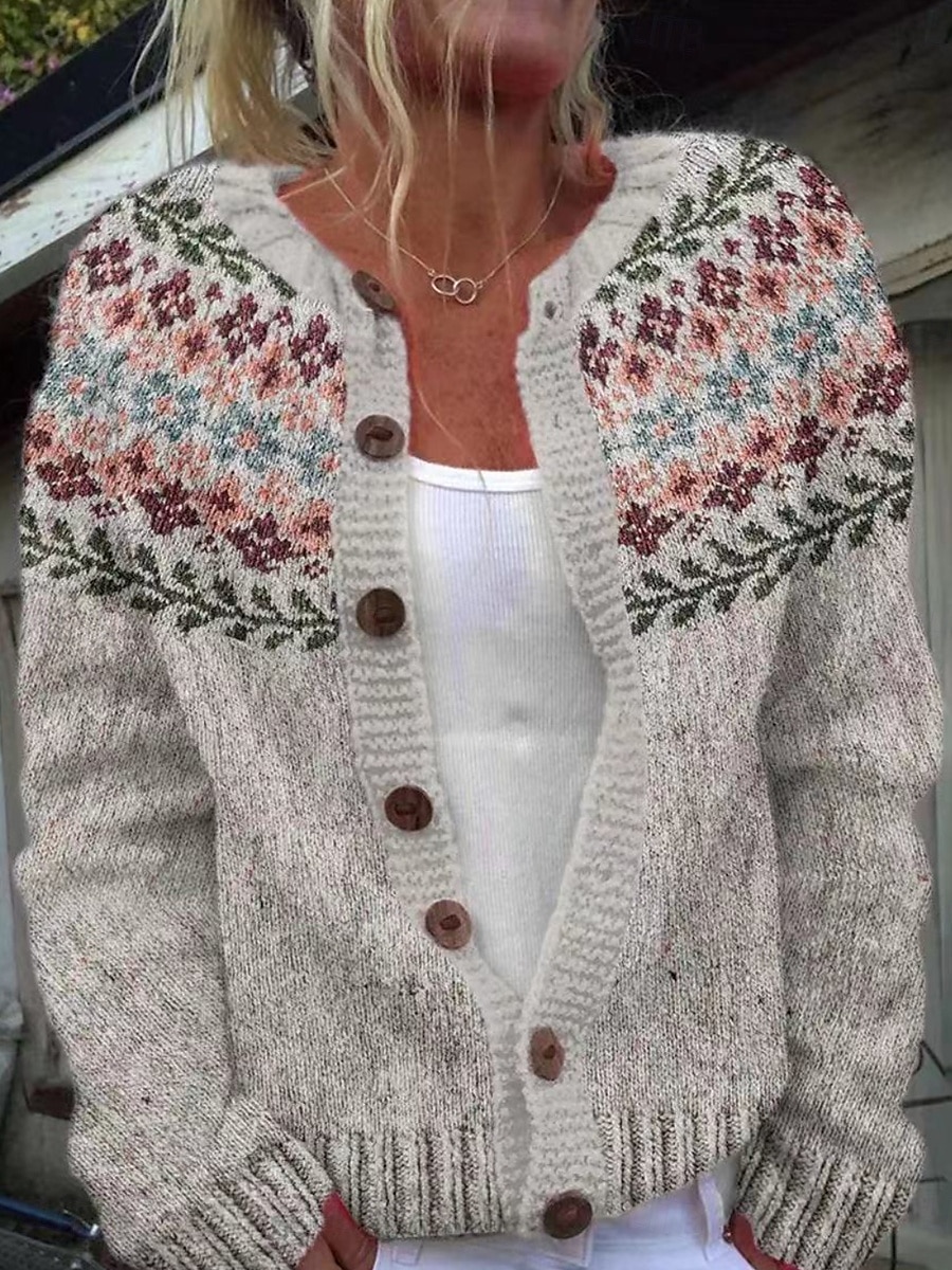 Dame Genser Kofte Fritid Myk Blomstret Riflet Crew-hals Knapper Lomme Strikket Langermet Vanlige topper Strikke utendørs Daglig Helg Svart Hvit Høst Vinter 2025 - $45.99 –P5